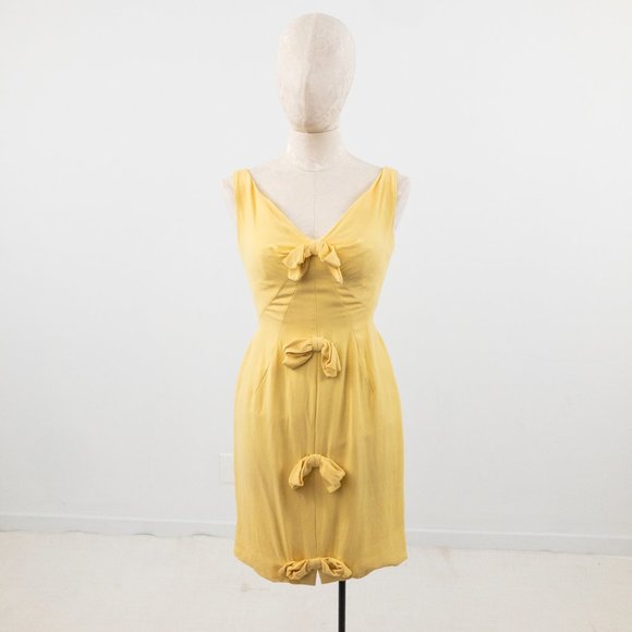 Vintage 60s V Neck Bow Front Mini Dress Yellow - Picture 2 of 9